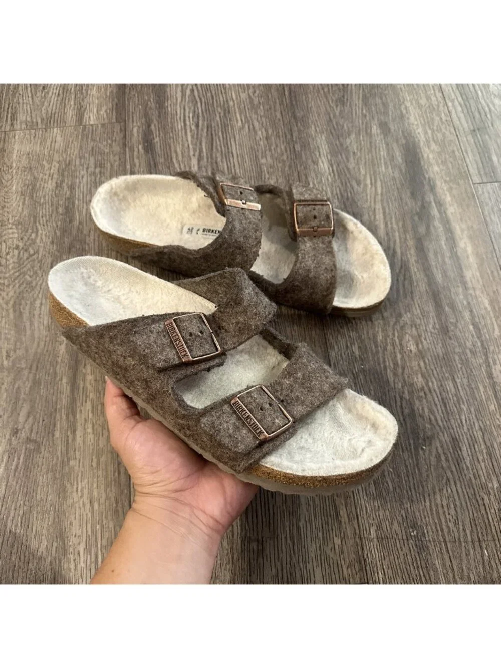 Birkenstock Arizona Double Buckle Wool Shearling Brown Felt Sandals Sz 42 US 11